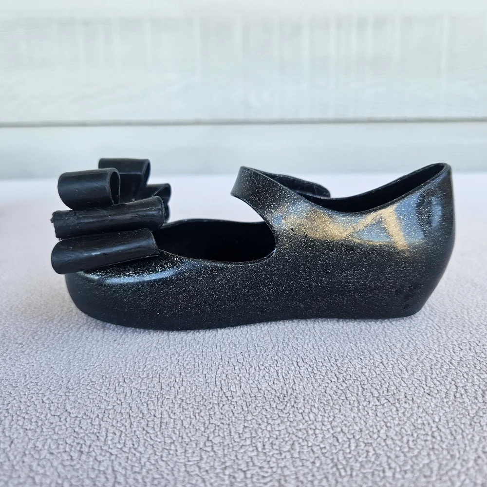 Mini Melissa Ultragirl Black Sparkle Bow Mary Jane Jelly Flats SZ 8 Hook & Loop